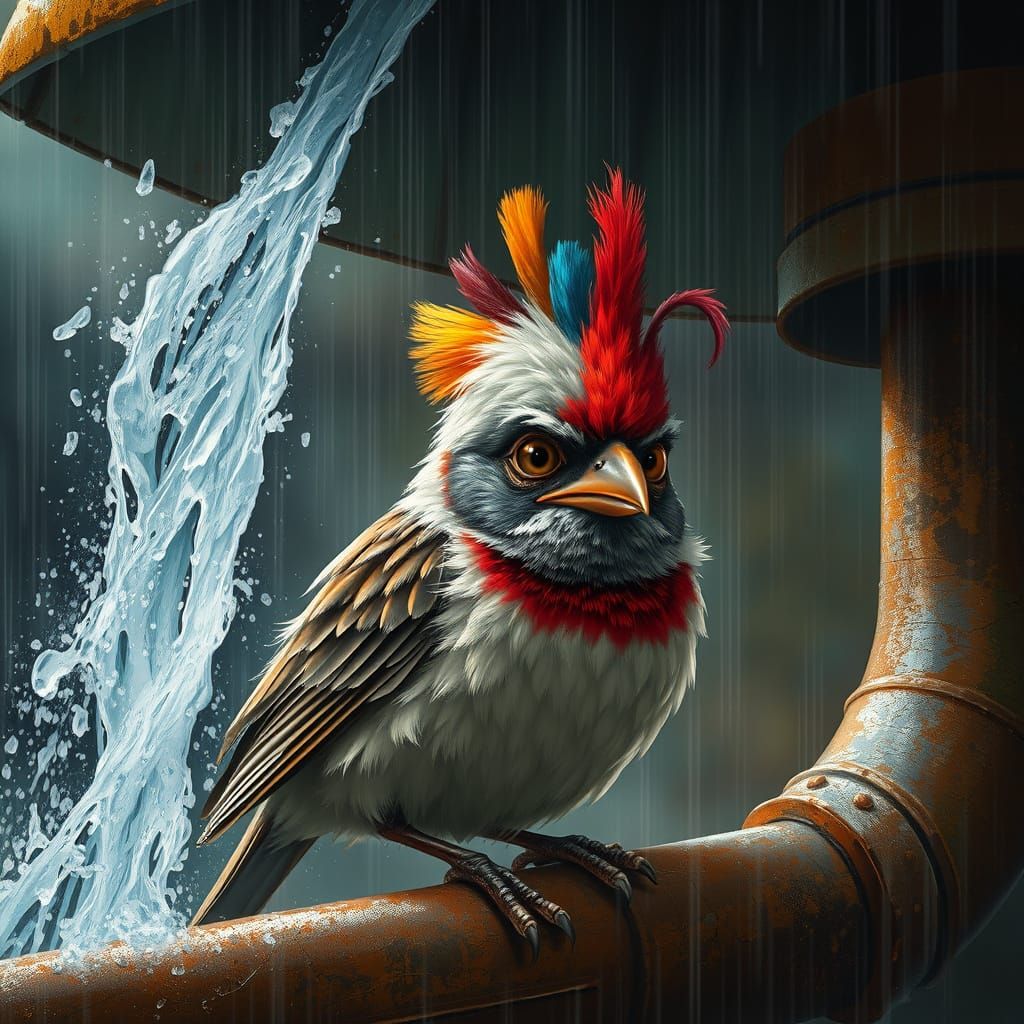 Whimsical Bird Takes Refuge in a Rainy Scene