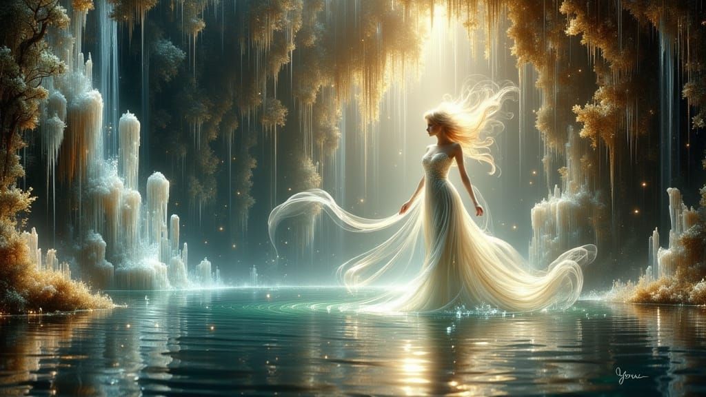 Water Nymph in Grotto with Bioluminescent Waterfall