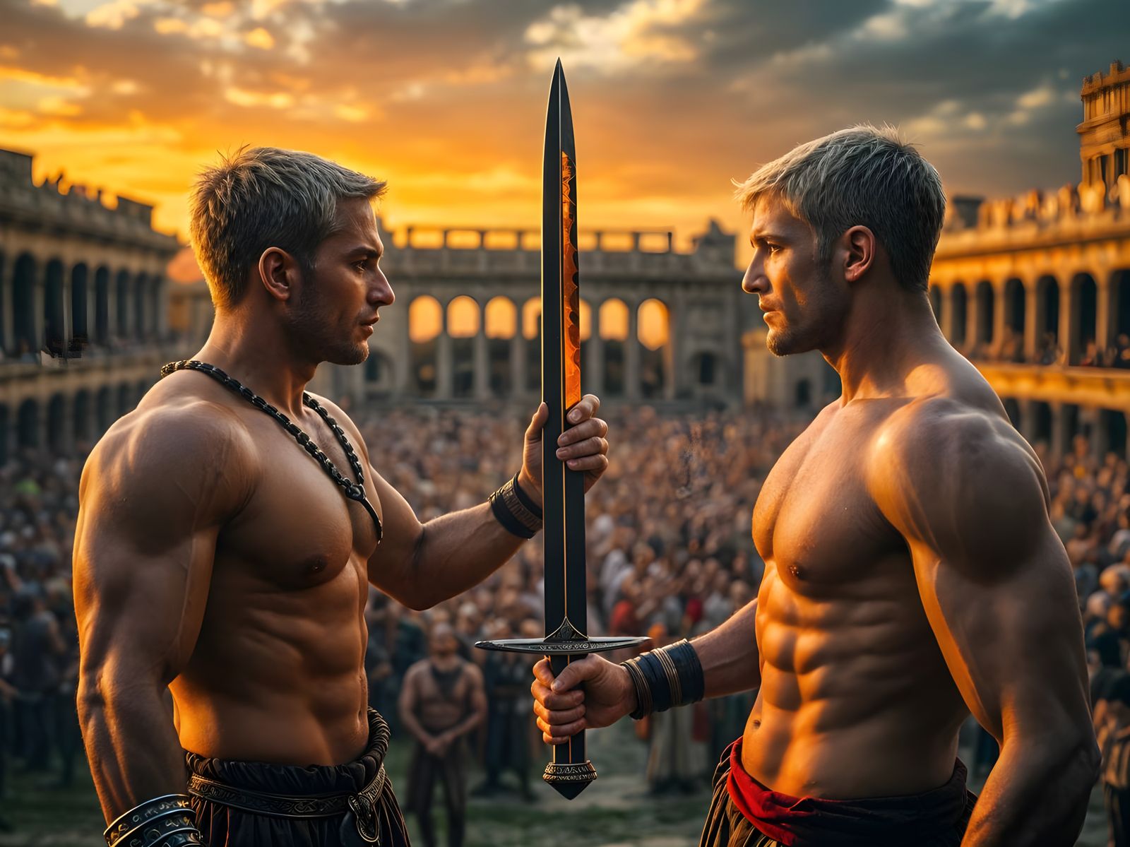 Muscled Gladiators Clash in Ancient Roman Arena at Sunset