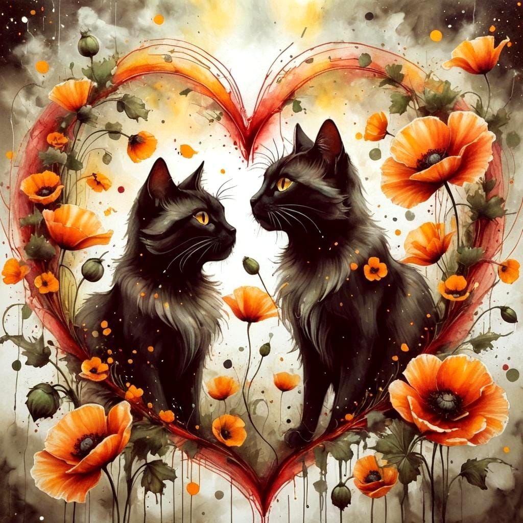 Cats Kissing Amidst Abstract Heart-Shaped Flowers