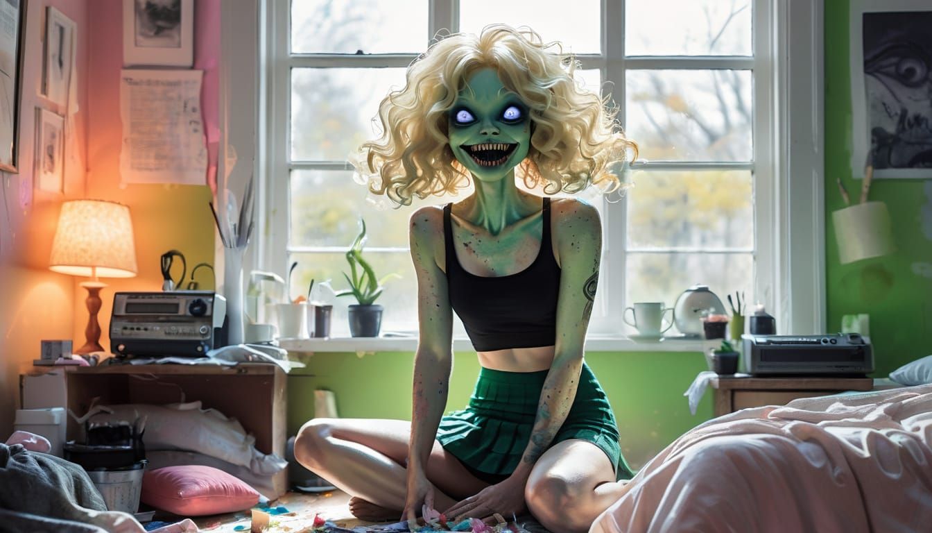 Whimsical Alien Girl: Watercolor and Ink Illustration