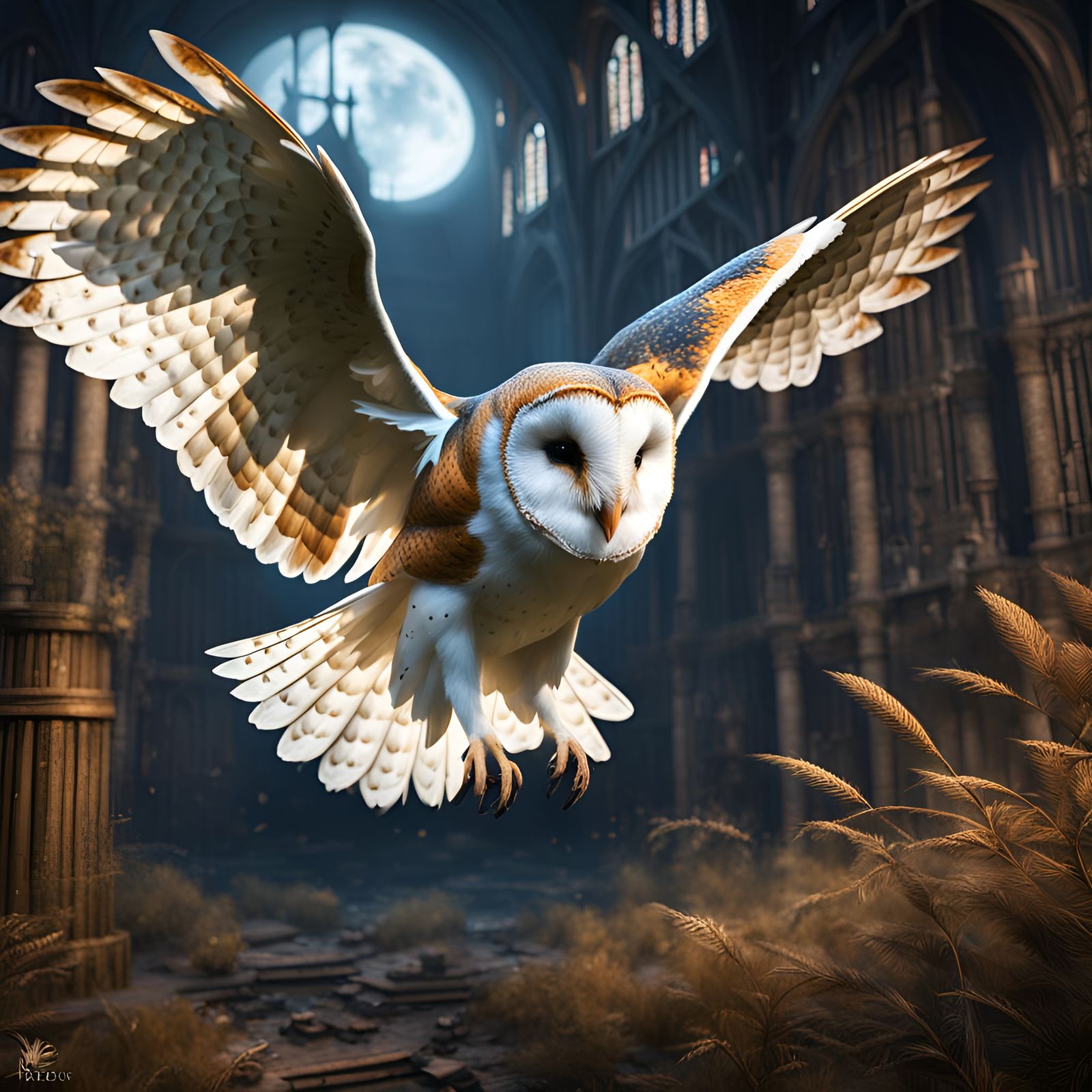 Barn Owl in Flight: Detailed Matte Painting