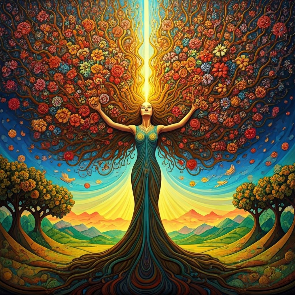 Psychedelic Woman-Tree with Flowers and Birds