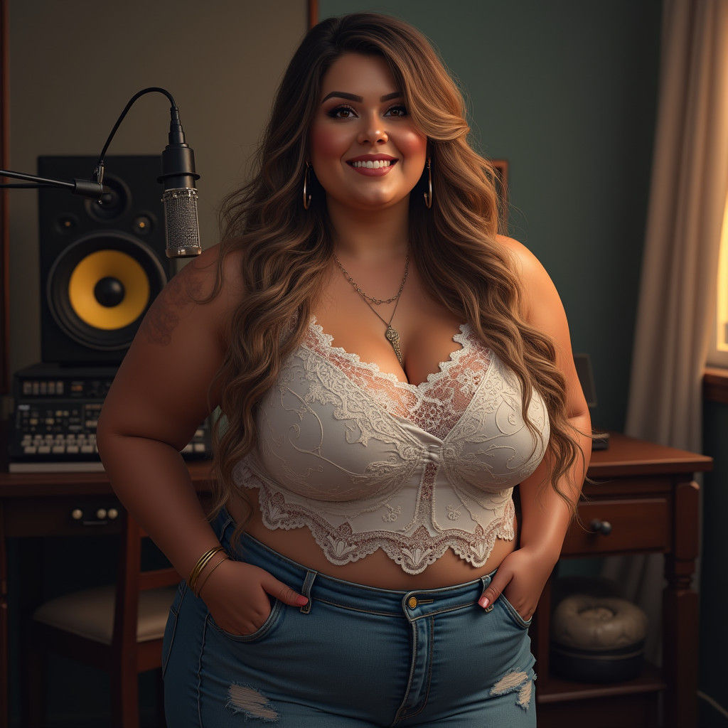 Plus-Size Singer in Studio: Detailed Digital Art