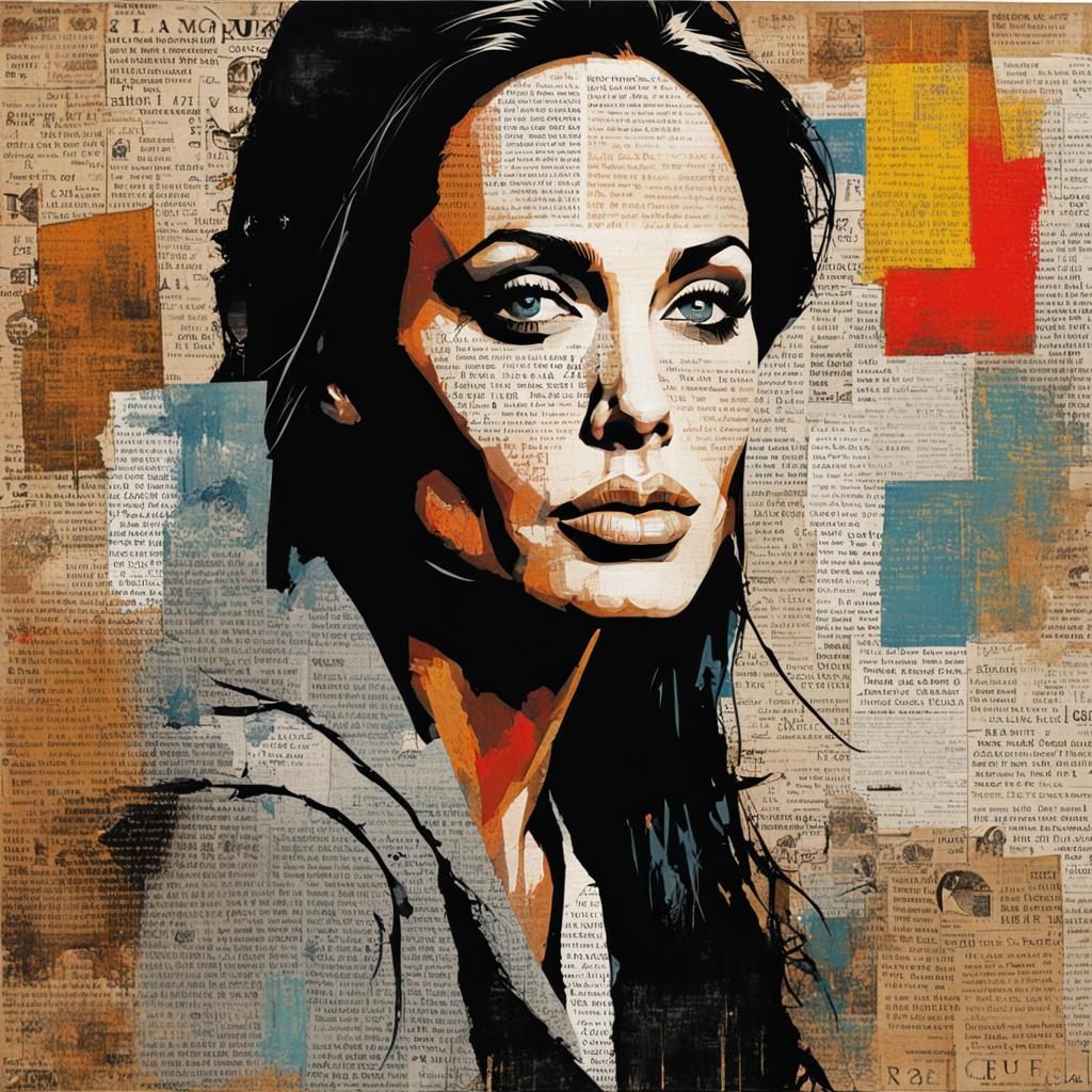 Angelina Jolie Portrait in Newspaper Collage