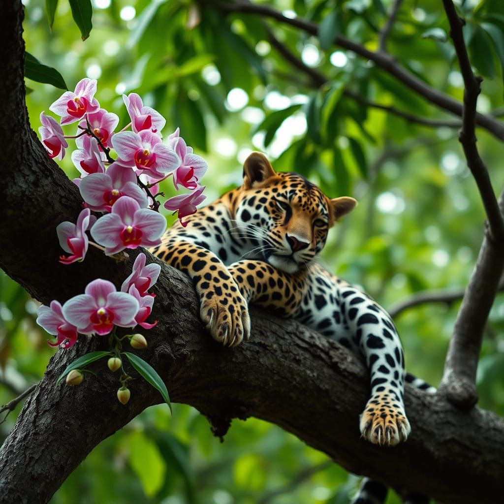 Jaguar relaxing on a branch with pink and white orchids.