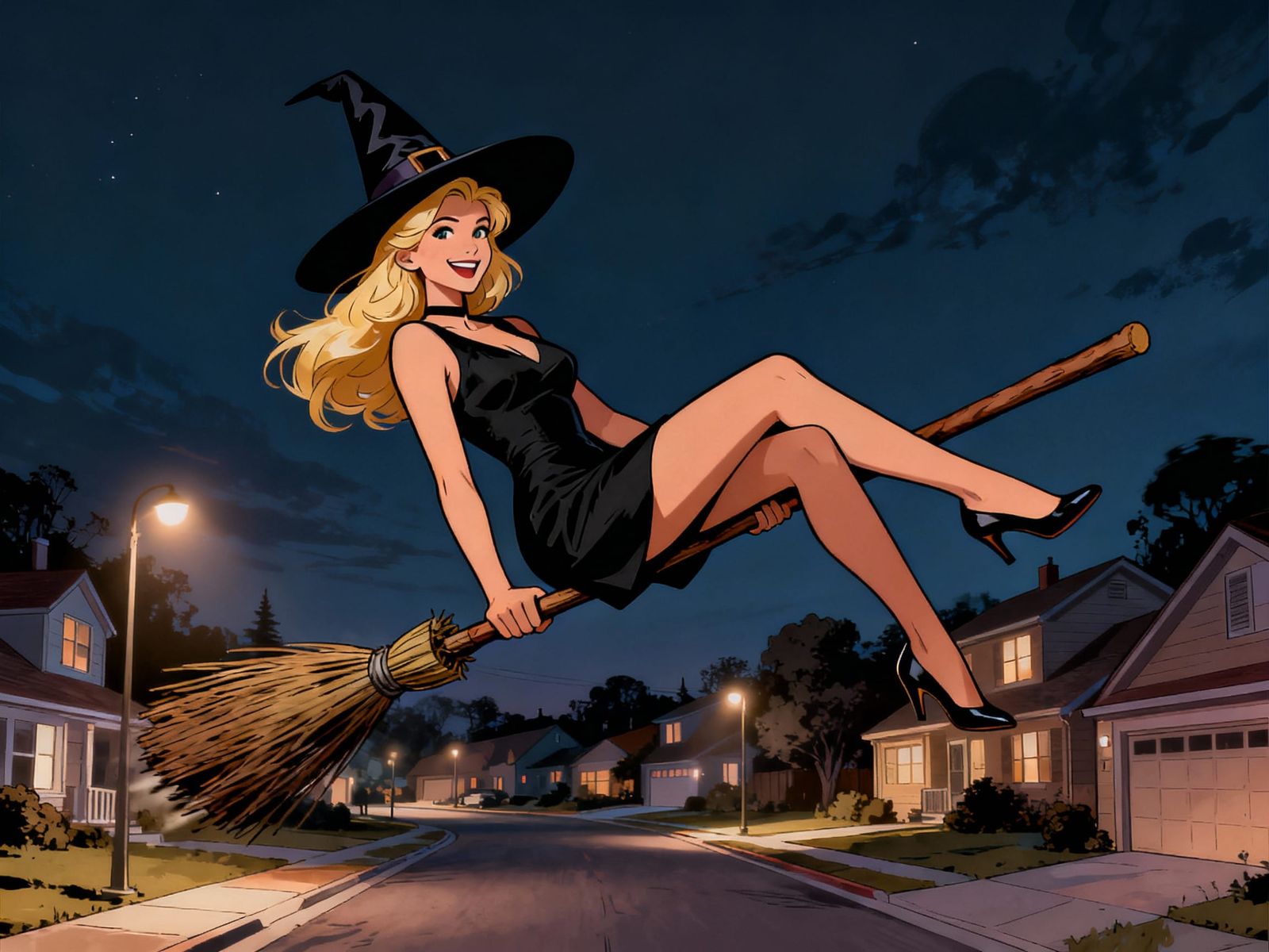 Witch on Broom Flying Over Suburbia Comic Style