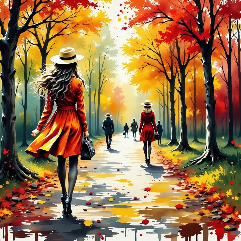 Autumn Park Scene in Abstract Expressionist Style