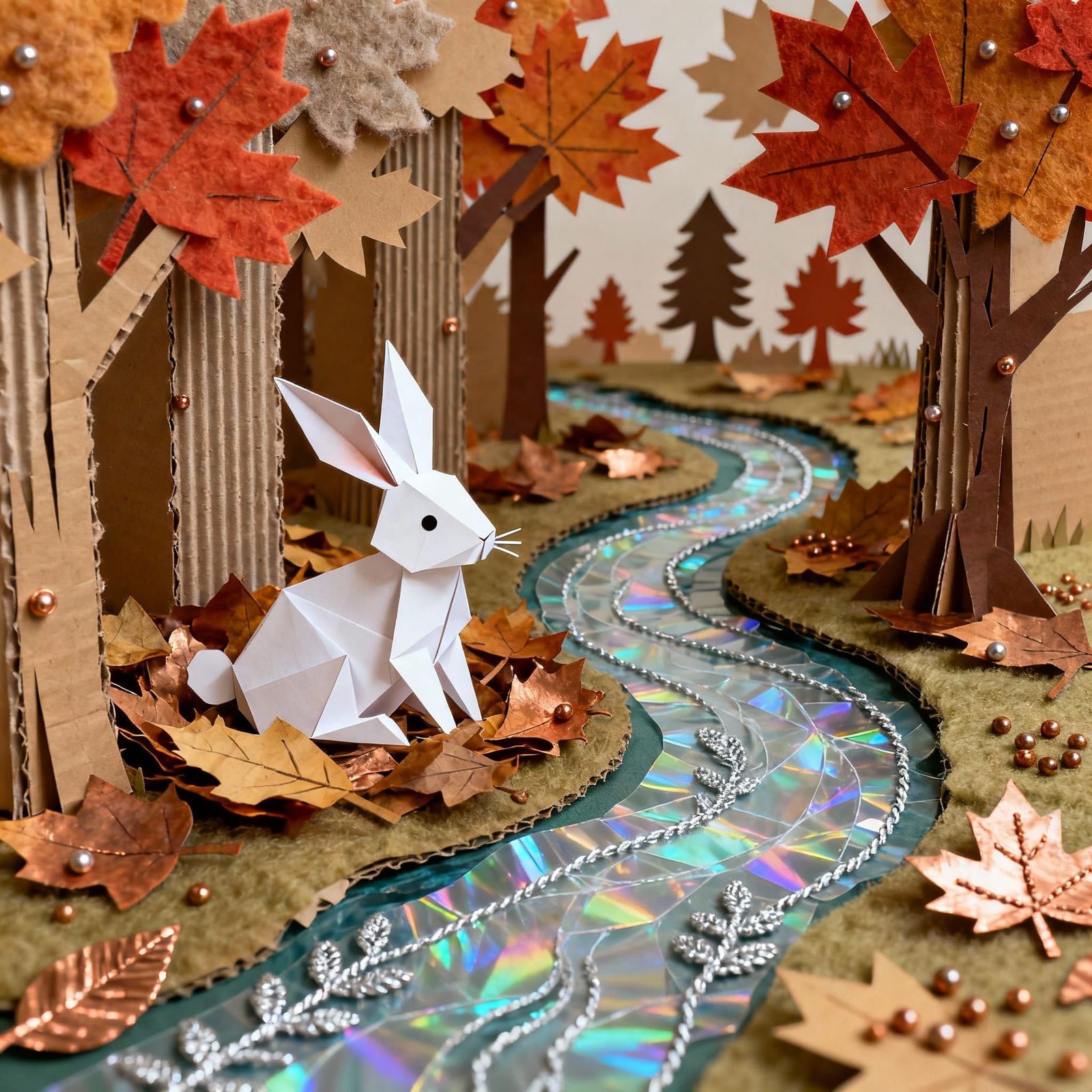 Origami Rabbit in Whimsical Mixed Media Autumn Forest