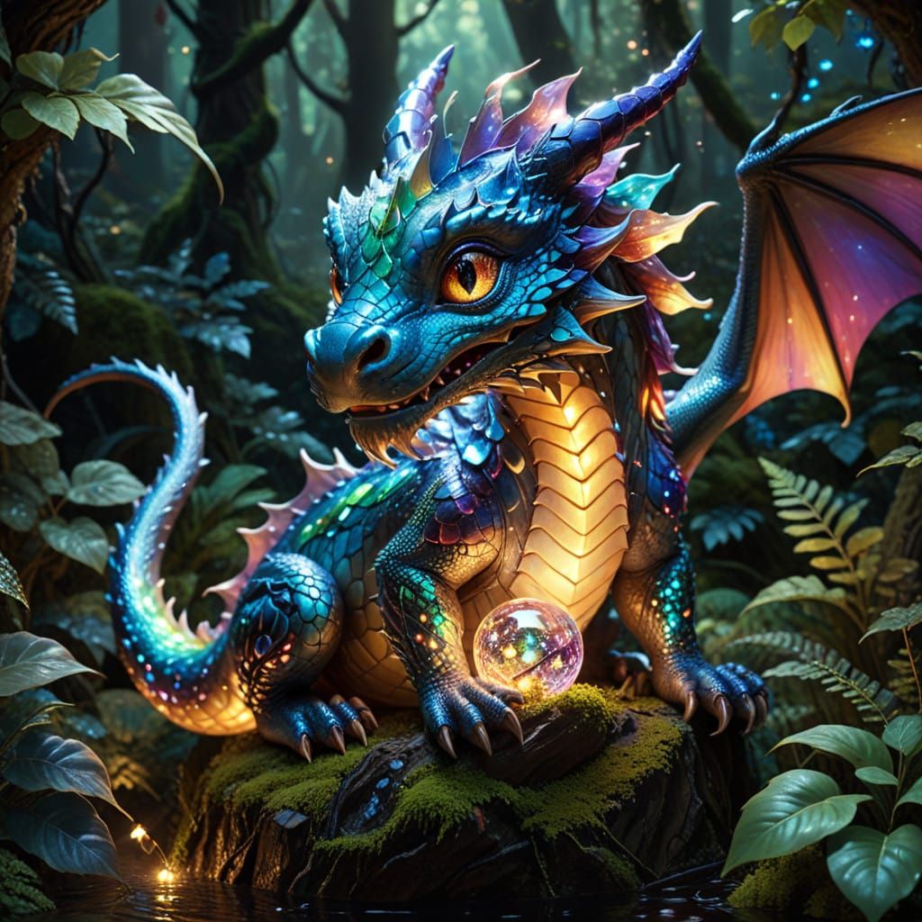 Iridescent Baby Dragon in Whimsical Cosmic Forest
