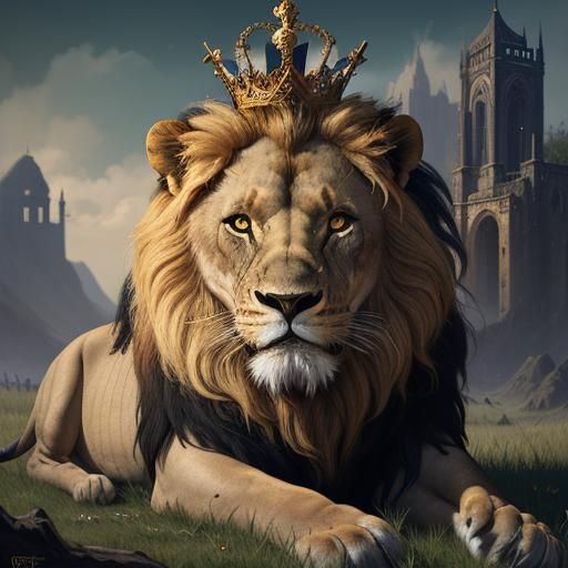 Lion King with Lamb and Cross, Detailed Matte Painting