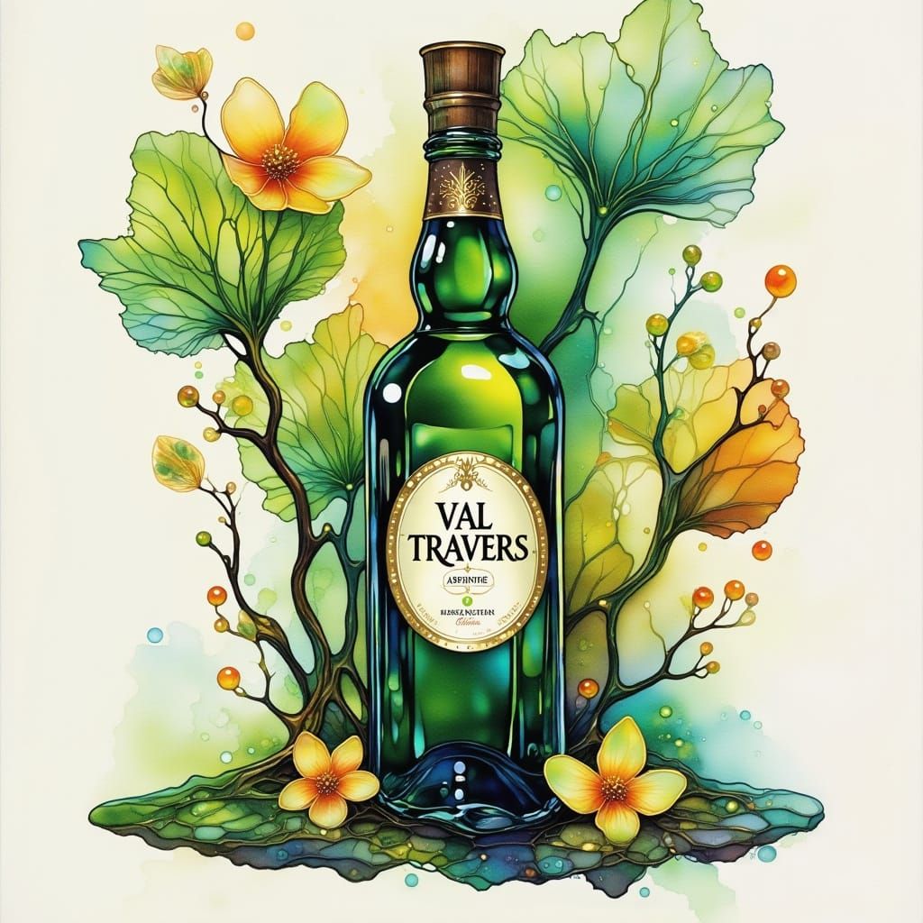 Val de Travers Absinthe Bottle in Alcohol Ink Style