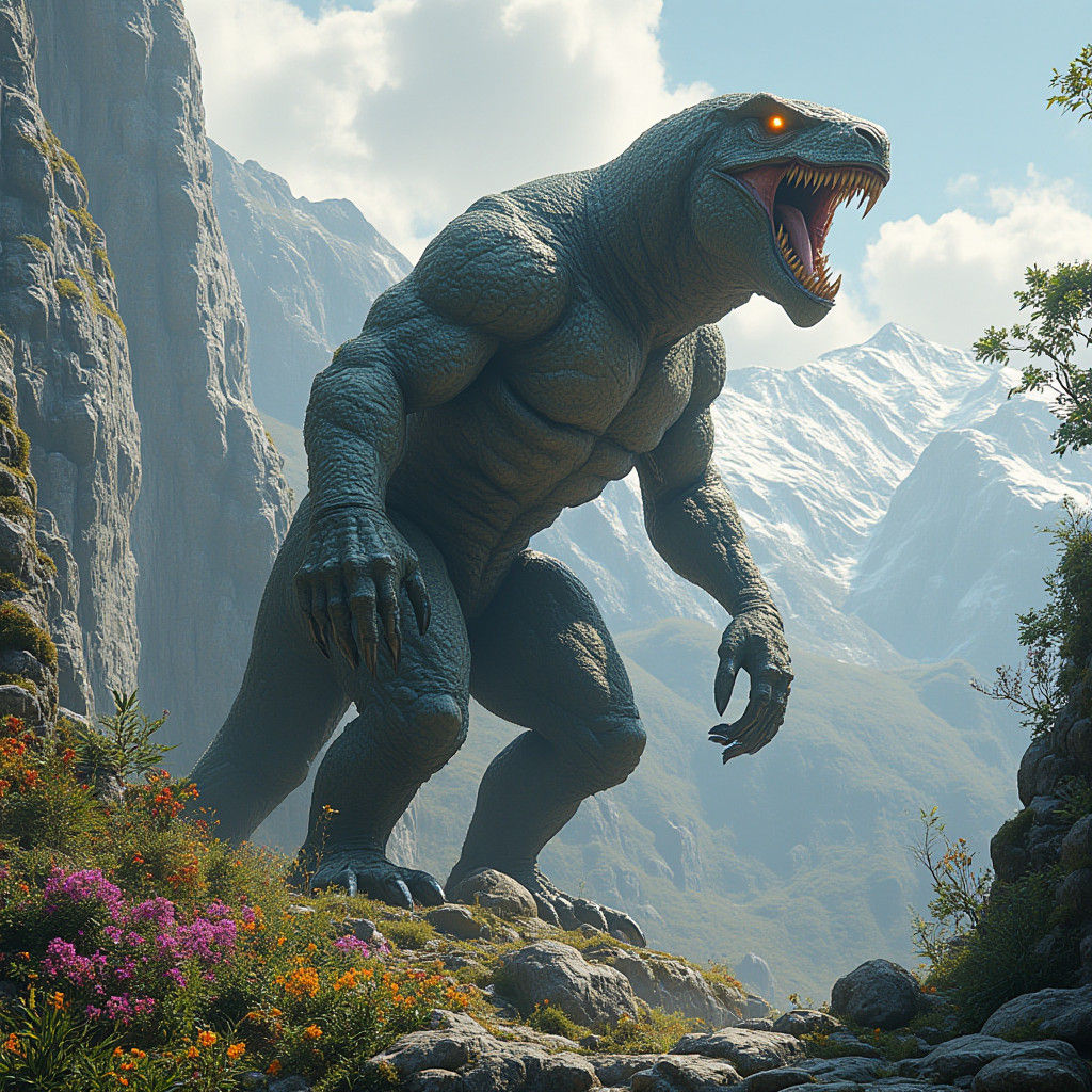 Dinosaur-Monkey Hybrid Roaring on Misty Mountain