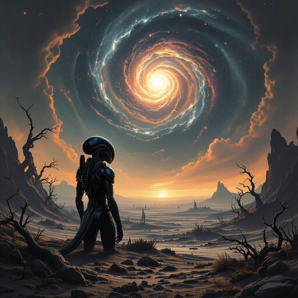 Xenomorph Gazing at Cosmic Vortex in Biomechanical Style