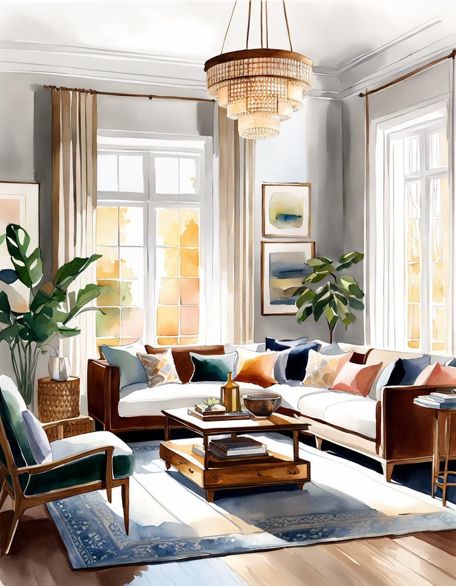 Cozy Hygge Living Room in Watercolor Sketch Style