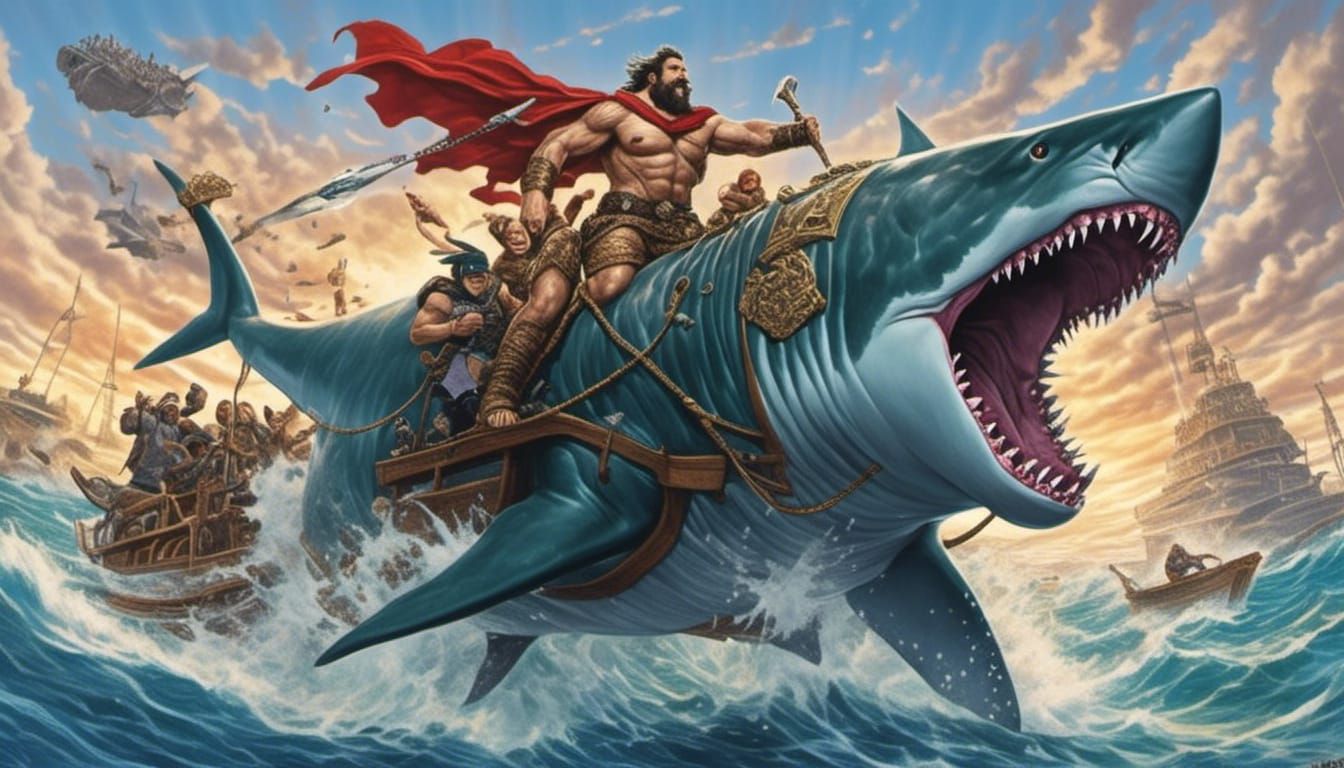 Poseidon on Megalodon in Underwater Battle Scene