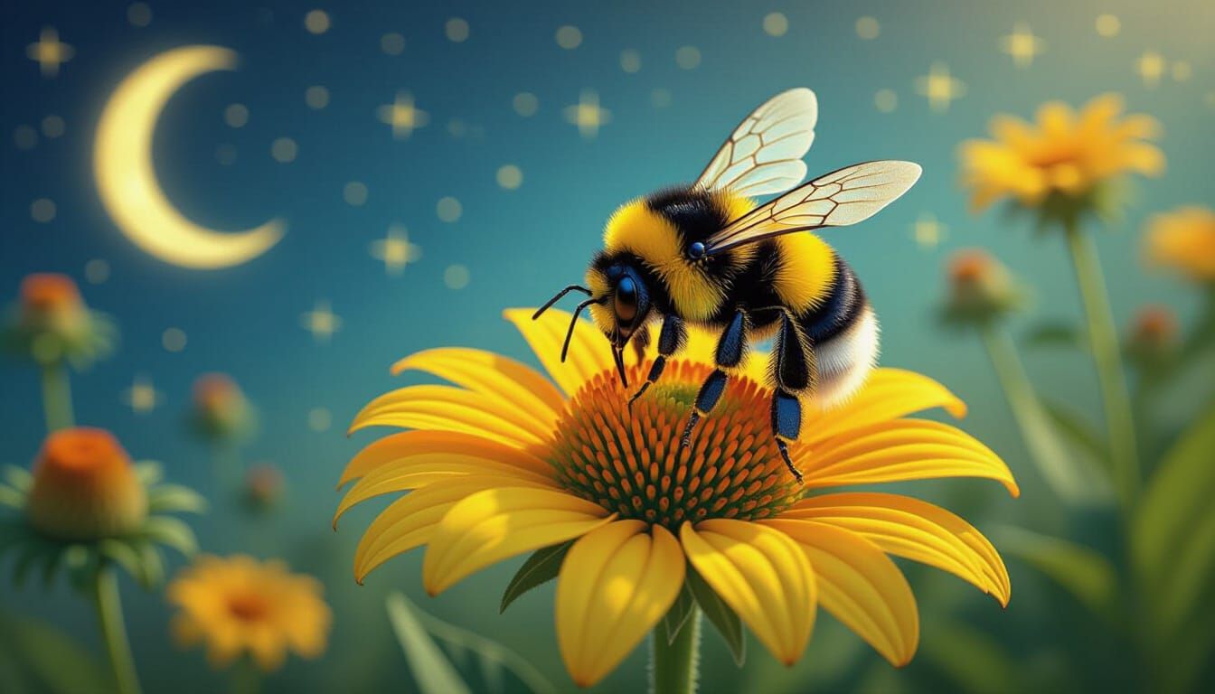 Fantastical Bumblebee on Flower in Starry Fairyland