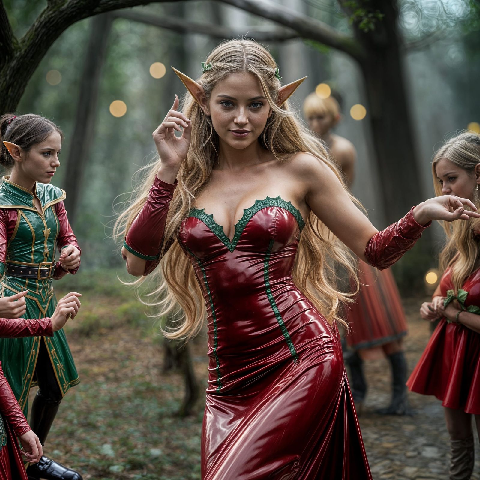 Woman Dancing with Elves in Latex Dress