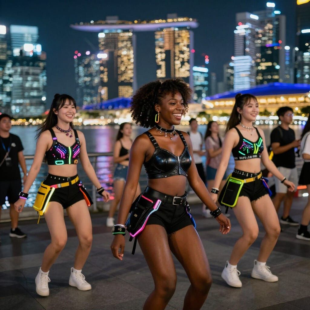 Avant-Garde Dancers in Neon Singapore Cityscape
