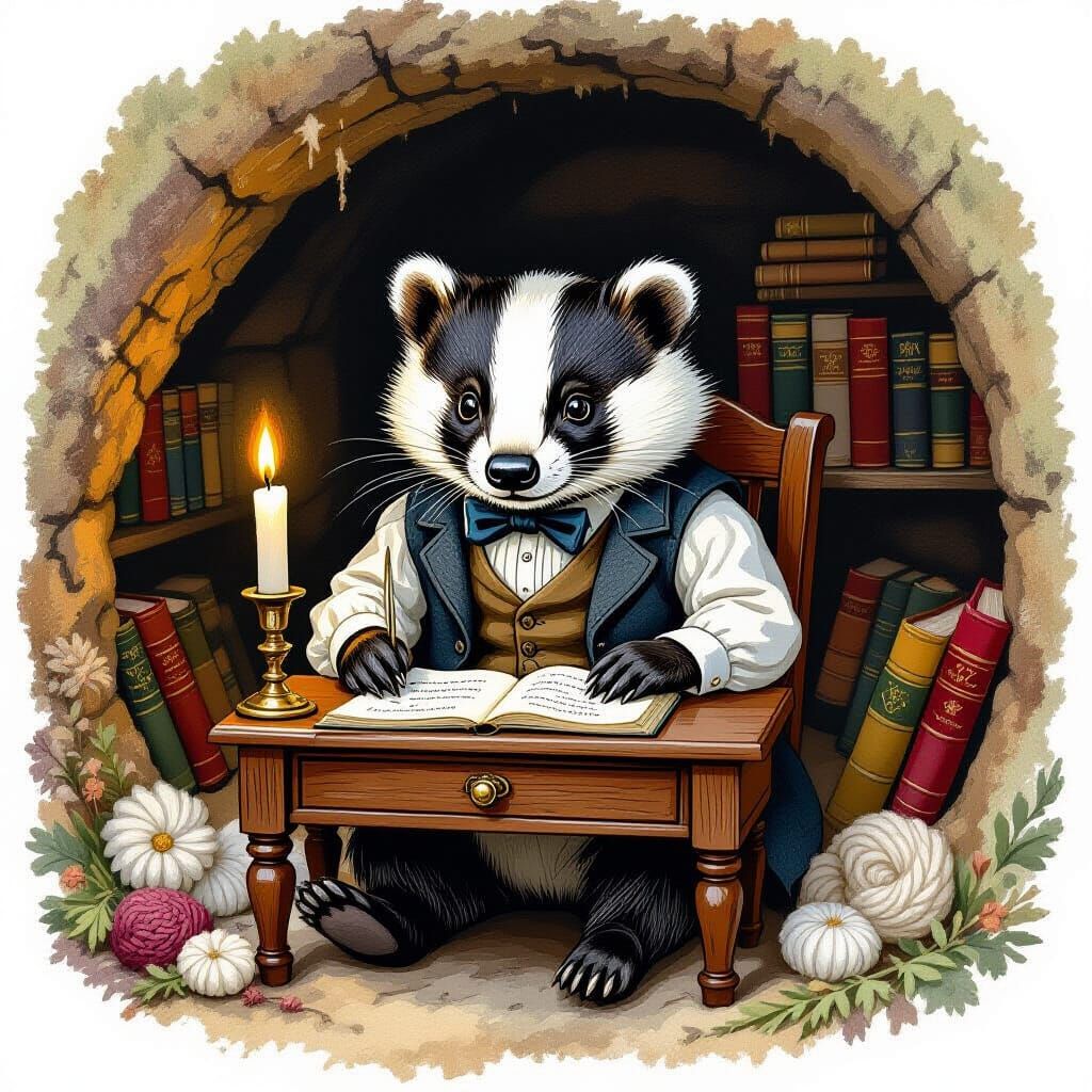 Whimsical Badger at Writing Desk, Children's Book Illustrati...
