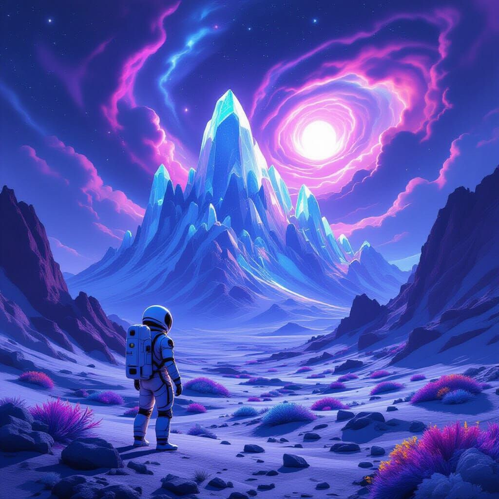Astronaut Gazes at Crystalline Mountains on Alien World