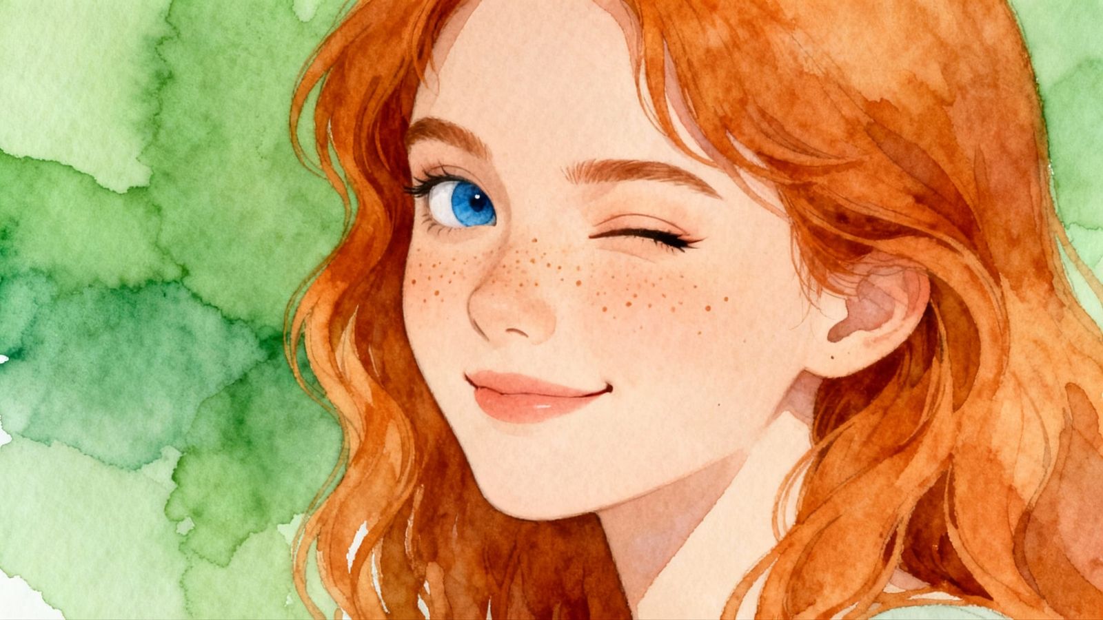 Cheeky Ginger Woman Winks in Watercolour