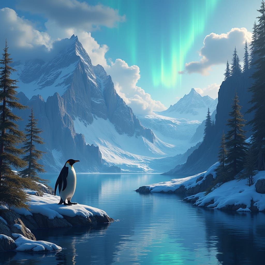 Penguin Devouring Alaska in Dreamscape Landscape