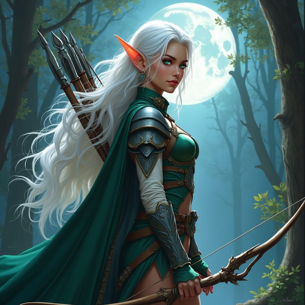 Ethereal Female Elf Archer in Moonlit Forest