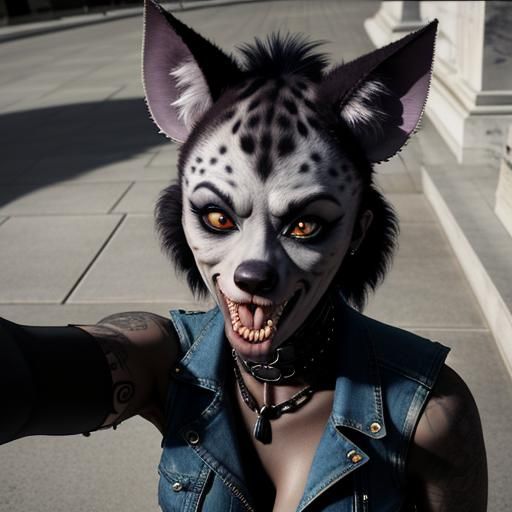 Punk Rock Hyena-Woman Selfie in Hyperrealism Style