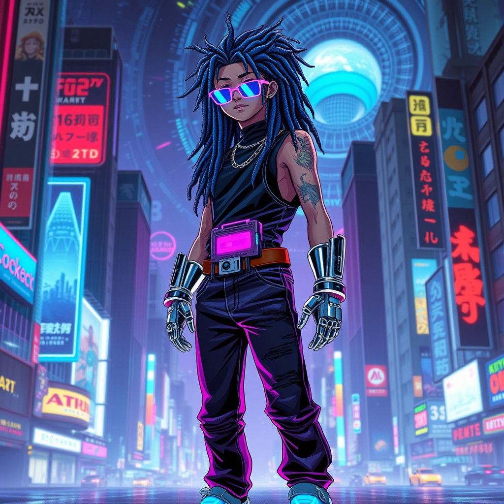 Neon Anime Hero in Dystopian Cyberpunk Tokyo