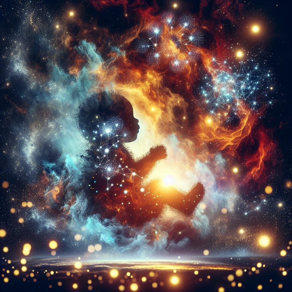 A Baby's Silhouette in the Glittering Cosmos