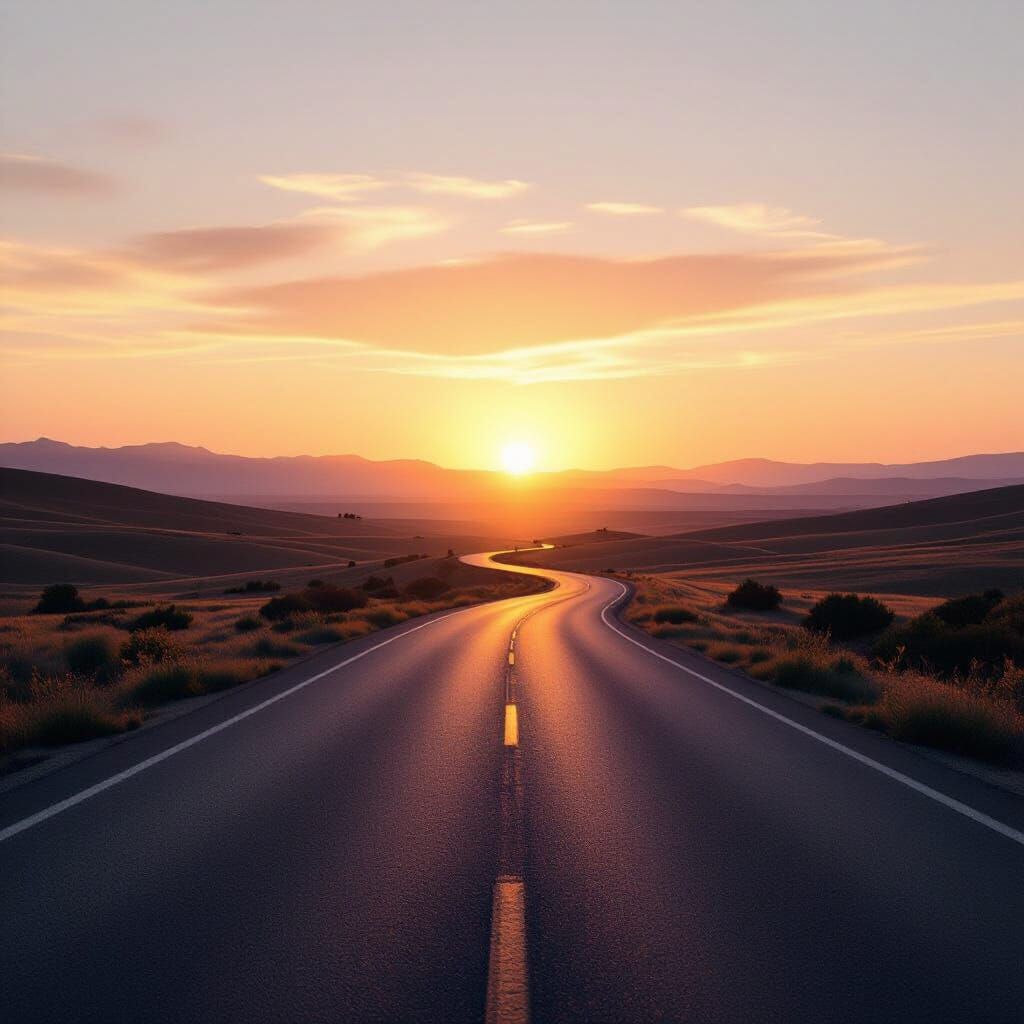 Winding Road at Sunset: Serene & Minimalist Landscape