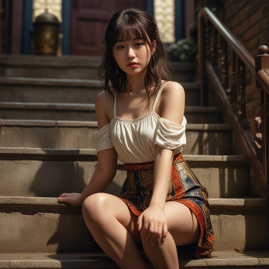 Japanese Actress Sits on Stairs in Elegant, Vibrant Fantasy....