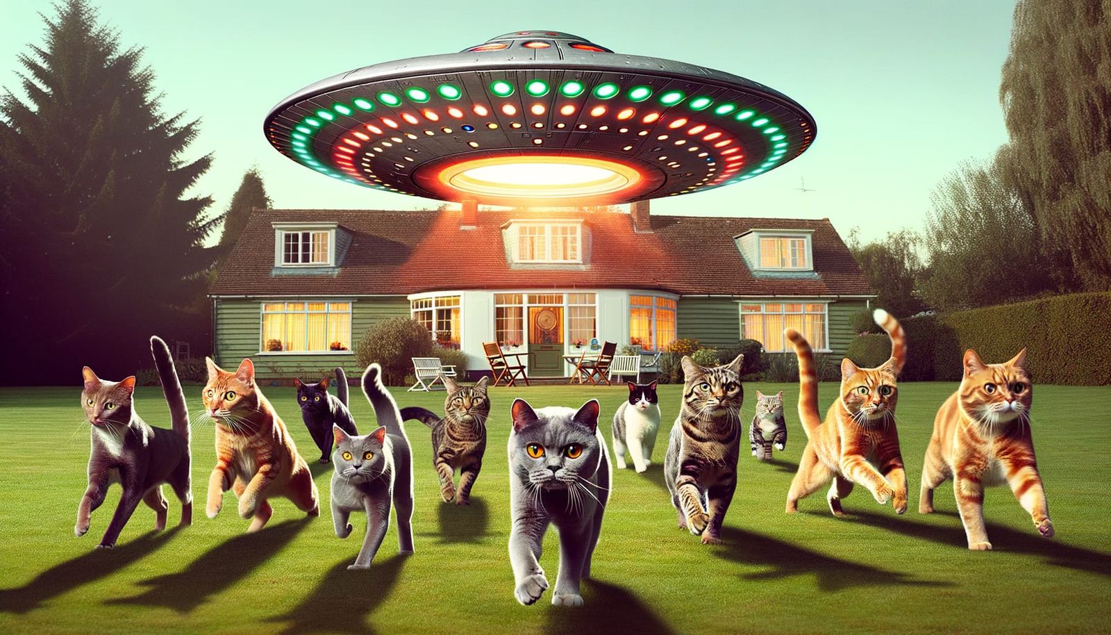 Felines Sprint Towards Vintage Science Fiction Spaceship