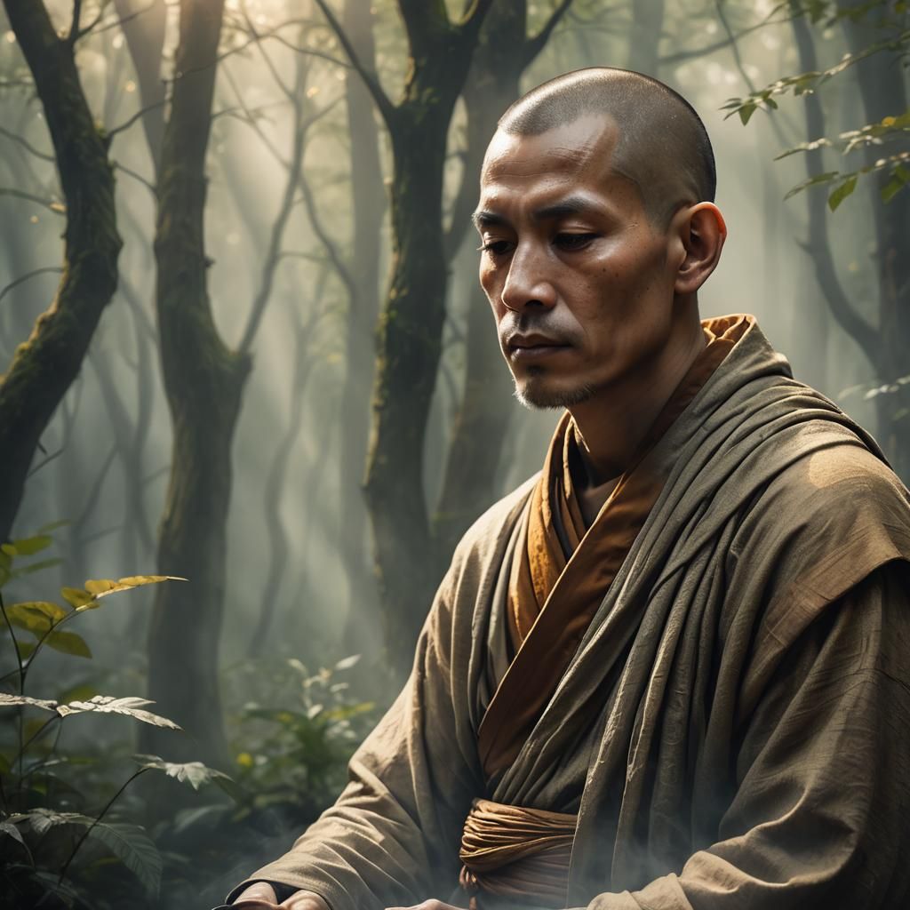 Monk in Misty Forest: Mystical Realism Portrait