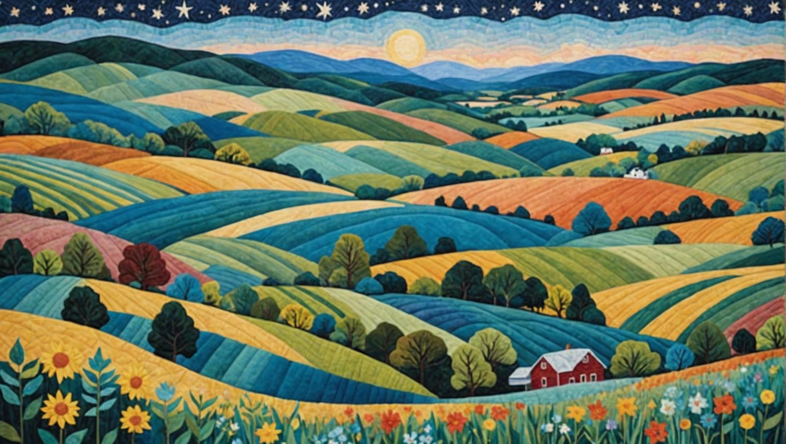 Quilted Patchwork Landscape with Starry Skies