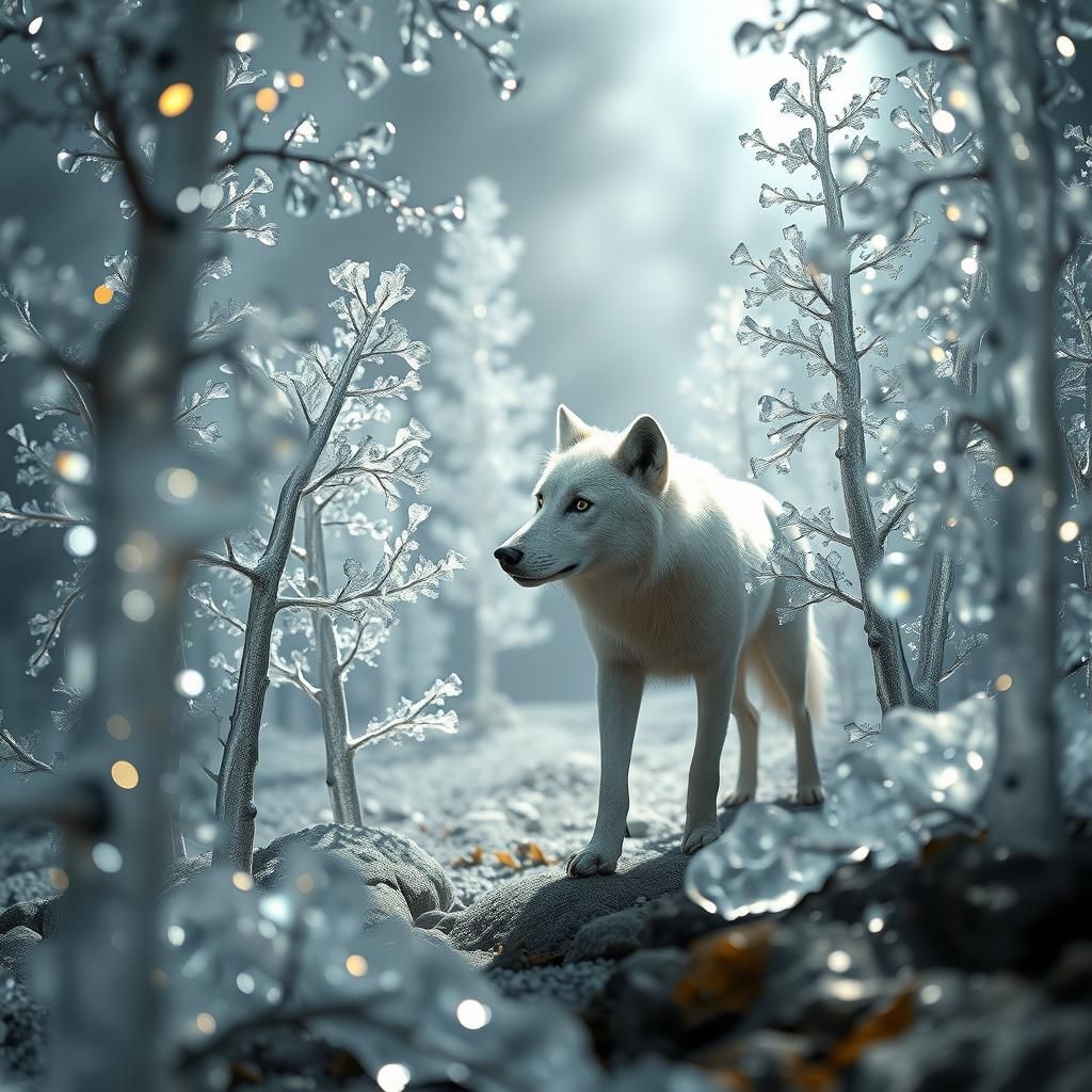 Hyperrealistic Glass Forest with White Wolf