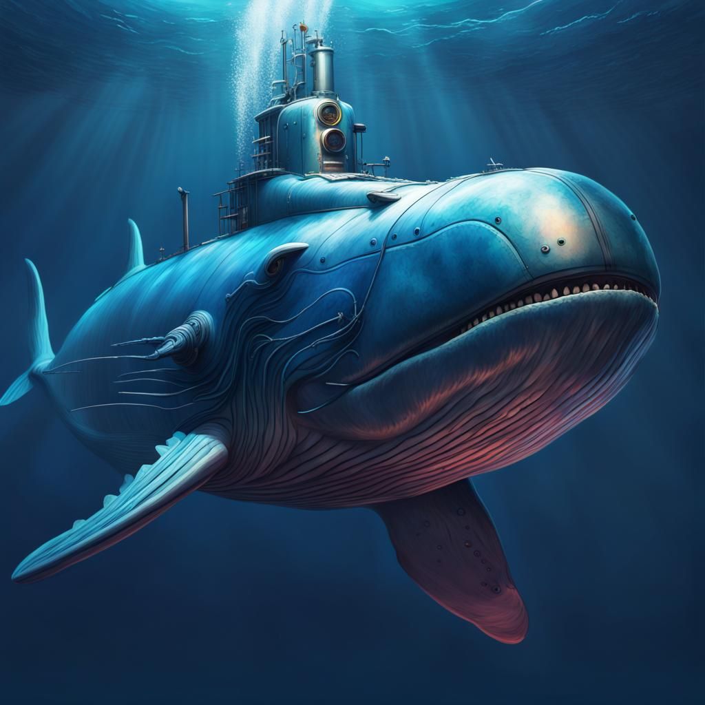 Oceanpunk Blue Whale Submarine in Hyperrealistic Splash Art