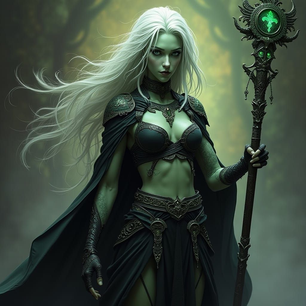 Regal Drow Sorceress with Iridescent Skin and Obsidian Staff