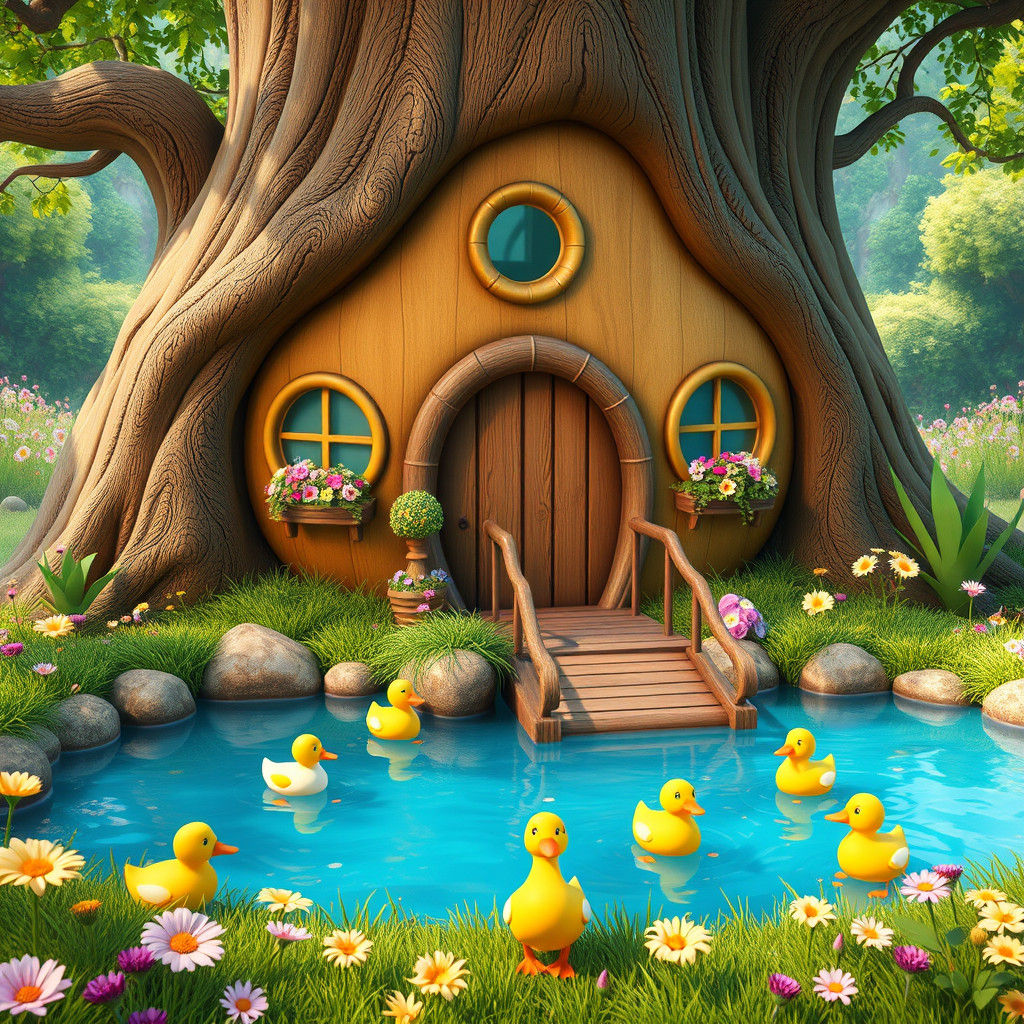 Charming Duck House by Pond in Pixar Style