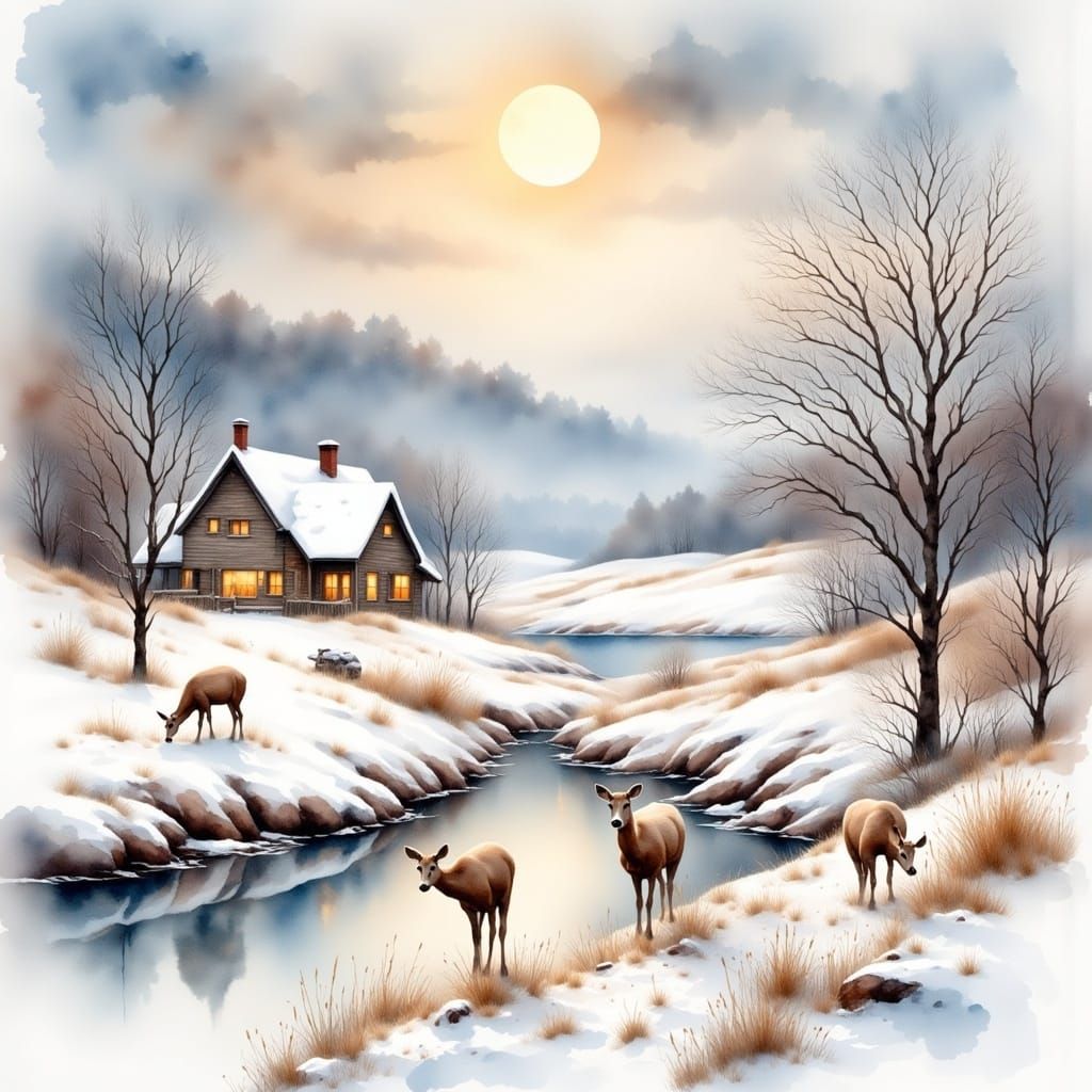 Winter Landscape in Dreamy Watercolor Style