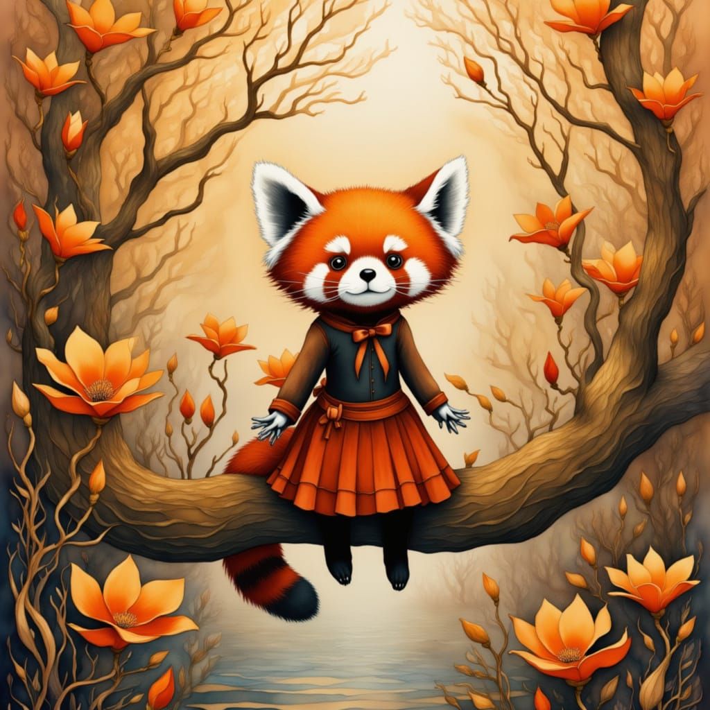 Golden Jungle Red Panda Girl in Whimsical Surrealism