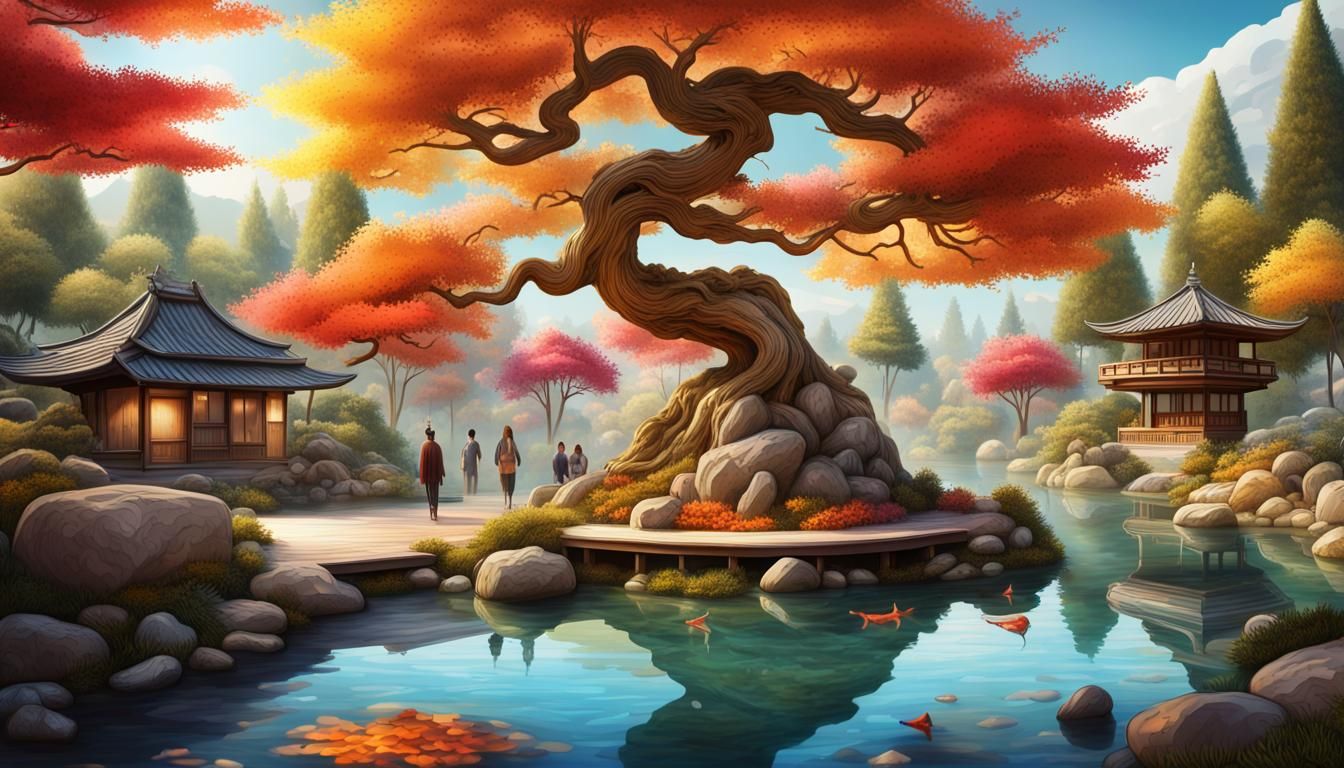 Utopian Zen Garden with Bioluminescent Details