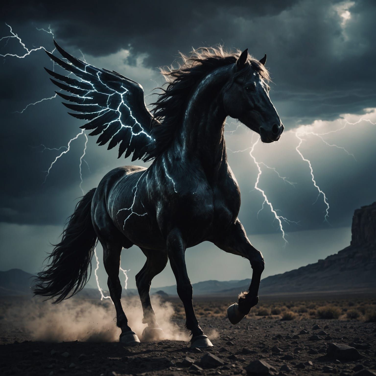 Dramatic Black Stallion with Smoke Wings