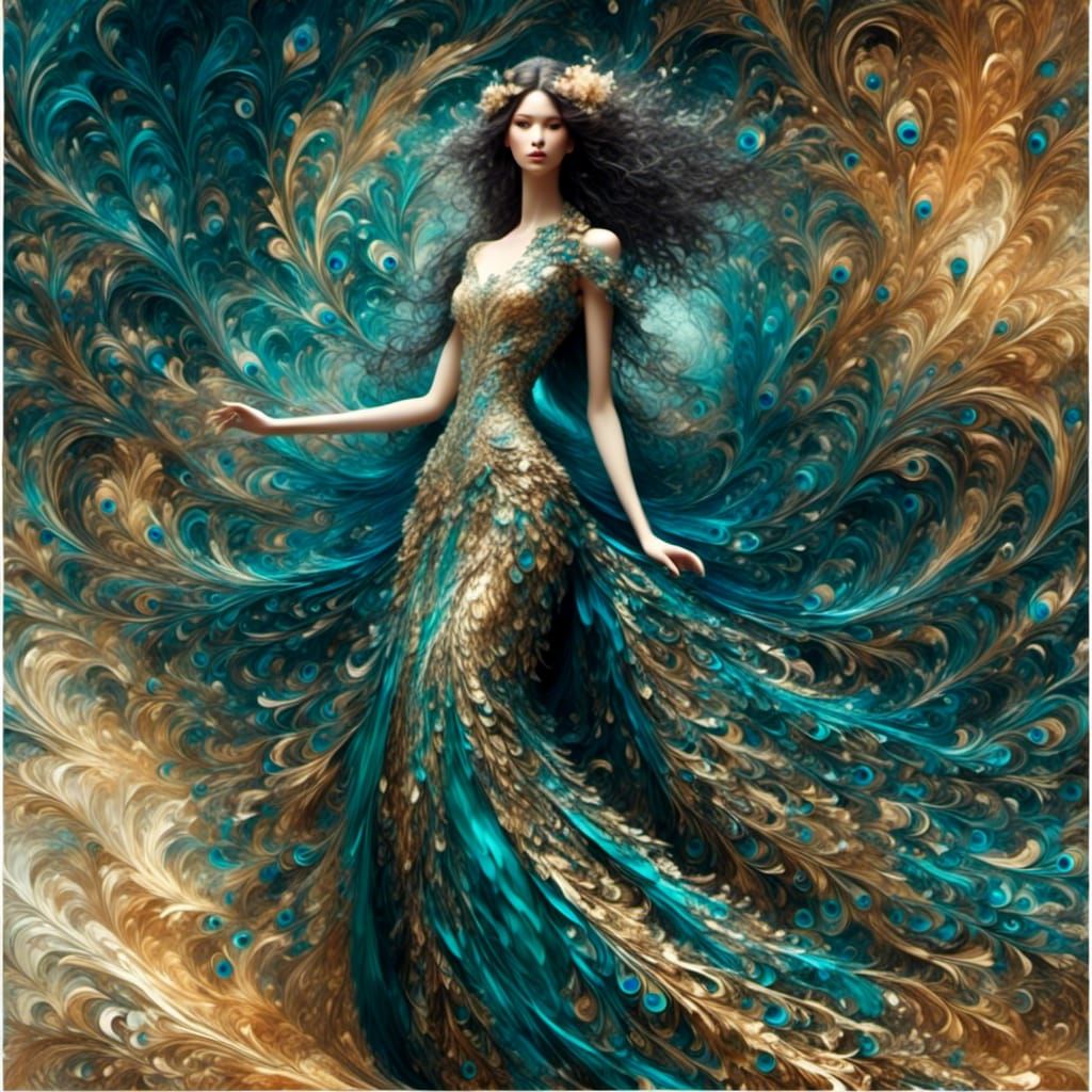 Girl in Iridescent Peacock Gown with Abstract Details
