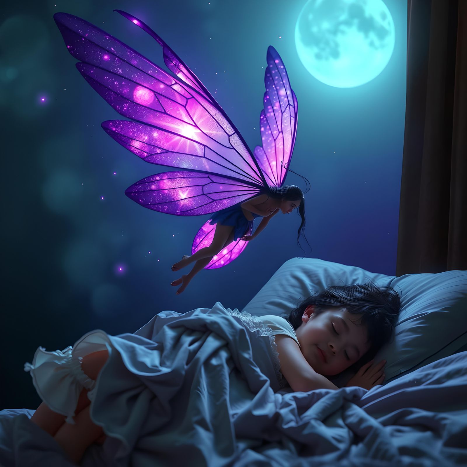 Fairy with Purple Wings Over Sleeping Girl