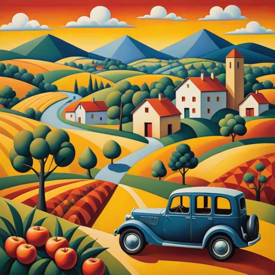 Geometric Rural Scene in Vibrant Cubist Style