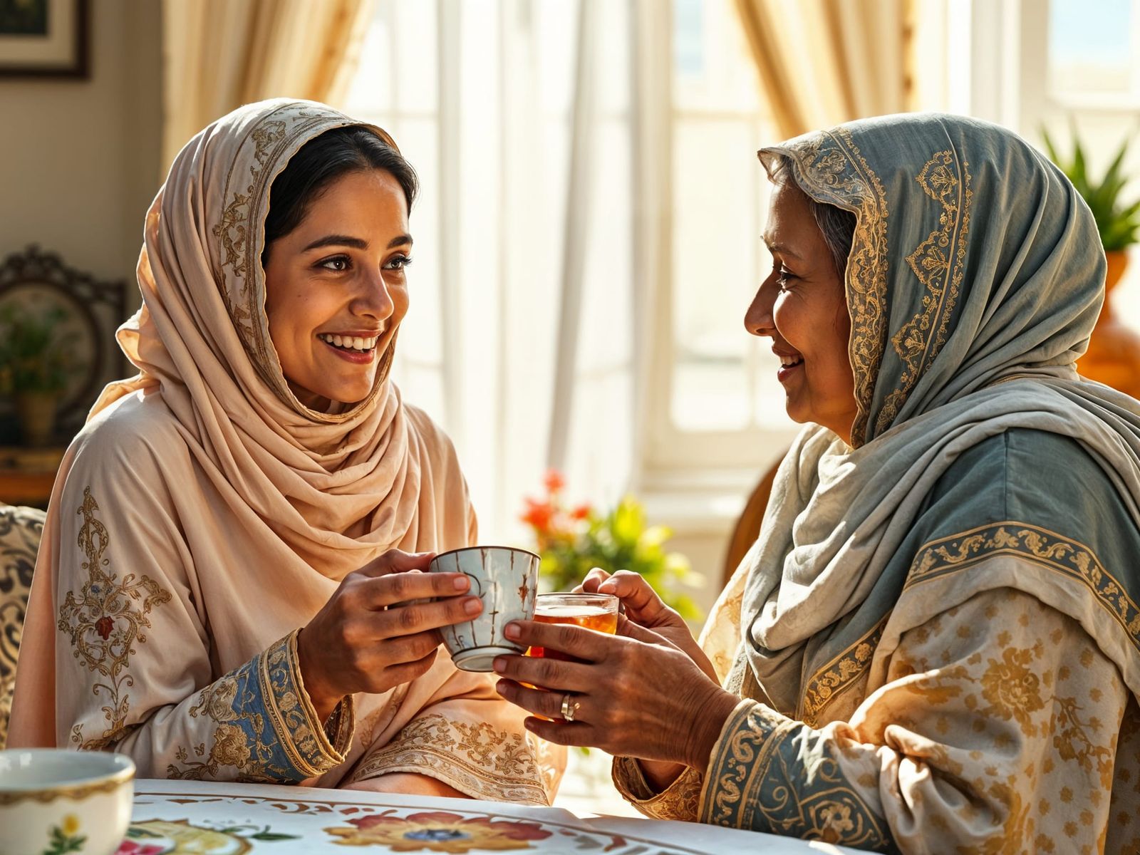 Yemeni Women Share Tea: Impasto Gouache Portrait