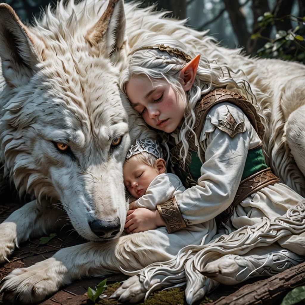 Elf Toddler Slumbers Safely Beside a Majestic White Guardian...