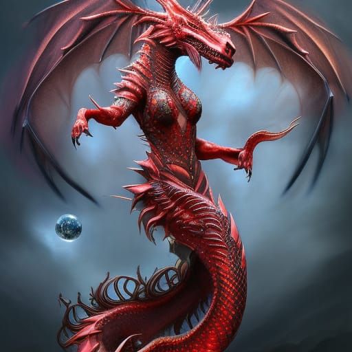Dragon Goddess in Red Silk Dress: Digital Art